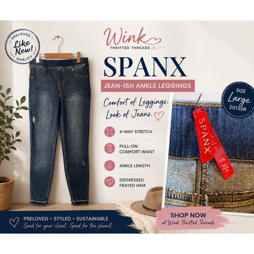 Spanx Jean-ish Ankle Leggings Indigo Distressed Frayed Hem Large 20135R